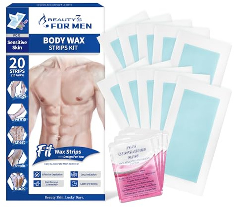 Beauty7 Men Wax Strips for Body, Ready to Use Waxing Strips, Facial Hair Removal Wax, Legs Arms Chest At Home Waxing, 20 Waxing Strip 4 Calming Oil Wipes