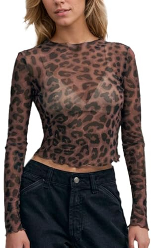 EMOTTOS Camiseta de Rejilla con Leopardo Impresión, Crop Top Sexy con Animal Print Camisa, Damas Y2K Slim Fit Transparentes Top de Malla Going out Clubbing Party para Las Niñas, Negro, S-L