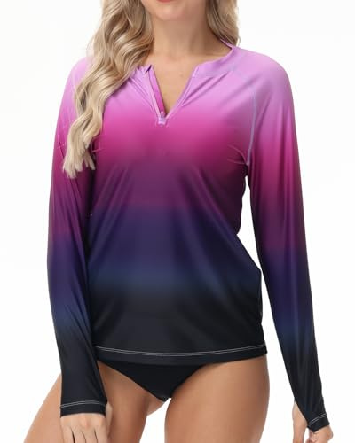 VAYAGER Camiseta UV de natación para Mujer - Manga Larga Cremallera 1/4 UPF 50+ Rashguard protección Solar Secado rápido Top de baño para Surf