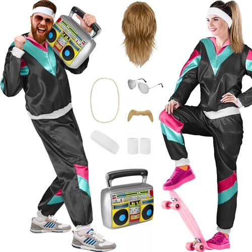 Balinco 80er Jahre Outfit Damen/Herren, Trainingsanzug Karneval Kostüm Set, Vokuhila Perücke, Bart, Kette, Pilotenbrille, Schweißbänder, Ghettoblaster