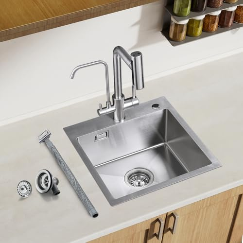 ROVOGO 304 Edelstahl Gebürstet Spülbecken Klein, 46 x 44 cm Spüle Küche mit Ablauf-Set, Küchenspüle mit Löchern für Armatur und Seifenspender, 1 Becken Einbauspüle