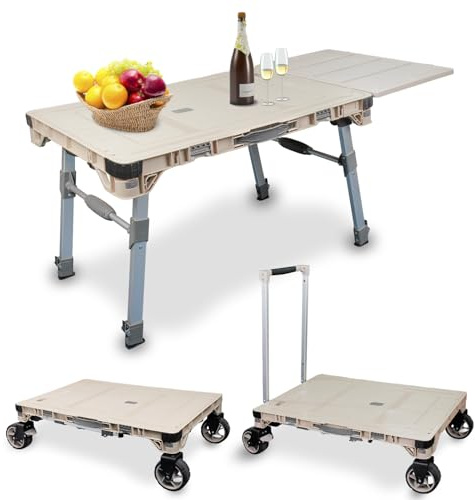 APOXCON 3-in-1 Campingtischwagen Mehrzweck-Tisch als Picknicktisch & Dolly Cart & Plattformwagen mit Schwenkrollen für Camping Reisen Einkaufen Outdoor