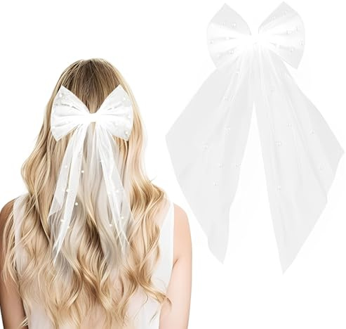 HABNI Brautschleier Kurz, JGA Schleier Braut mit Perlen und Haarspange Weißer Elegante Tüll, Haarschleife Braut Schleier Softtüll für Junggesellenabschied Hochzeit Damen Mädchen Party Haarschmuck