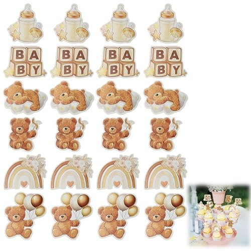 Dupoem 24-delars nallebjörnstårtdekorationsset, hög kvalitet, giftfri och återanvändbar, 6 söta designer (nallebjörnar + babytillbehör) med pinnar och lim ingår, neutral brun färg, lämplig för dop