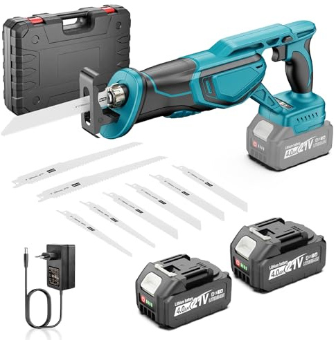 blayram Scie Sabre Sans Fil Compatible avec Makita 18V Batterie, Moteur Sans Balais Amélioré 3500 SPM, 2 batteries 21V 4,0Ah, 8 lames de scie pour couper le PVC/bois/métal