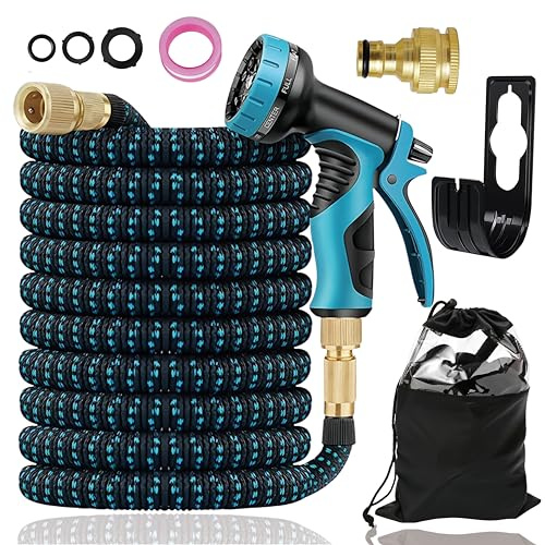 Feveqher Expandable Garden Hose Pipe, Upgraded 3-Layer Latex No-Kink Flexible Water Hose, 3/4&1/2 Metal Connectors, 10 Function Spray Nozzle, Hose for Gardening, Washing & Cleaning(150FT)