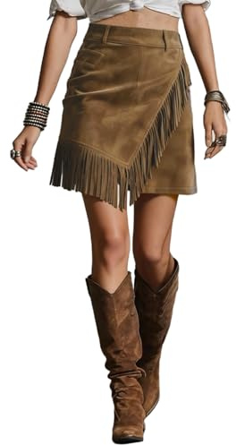 Gonna in pelle scamosciata da donna, a vita alta, minigonna con frangia, linea A, in finta pelle scamosciata, per il tempo libero, vintage, con orlo asimmetrico, vestito occidentale, marrone, XL