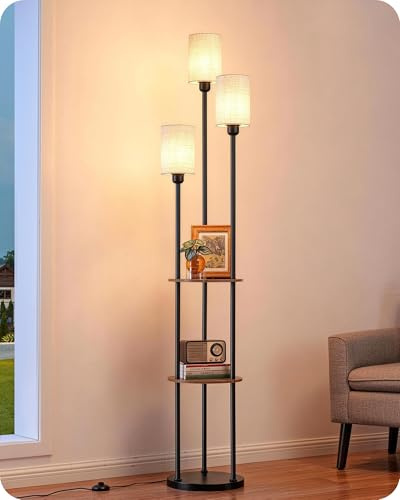 EDISHINE Lámpara de Pie para Salón, Lámpara de Pie LED de 3 Bombillas con Estante y Pantalla de Lino, Base E27, Bombillas Incluidas, Lámpara Moderna para Dormitorio y Oficina, 178 cm