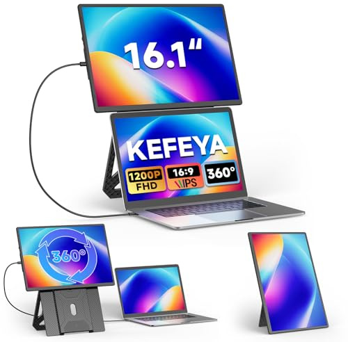 KEFEYA 16.1 Extensor Pantalla Portatil, FHD 1200P IPS Double Monitor Portatil para de 13 a 17,3”, Plug-and-Play para Viajes de Negocios, Compatible con Windows/Mac/Android/VESA