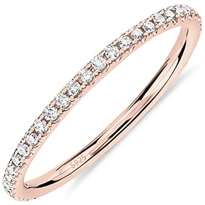 PAVOI 14K Rose Gold Plated 925 Sterling Silver Stackable CZ Ring for Women | Thin Band for Stacking | Simulated Diamond Eternity Wedding Band | Size 9