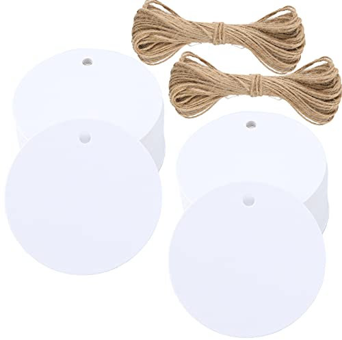 G2PLUS 100 Stk. Weiß Geschenkanhänger, Rund Anhänger Etiketten, 5.5 CM kraftpapier Etiketten Tags mit Jute-Schnur, Blanko Papieranhänger für Art & Craft Projekt
