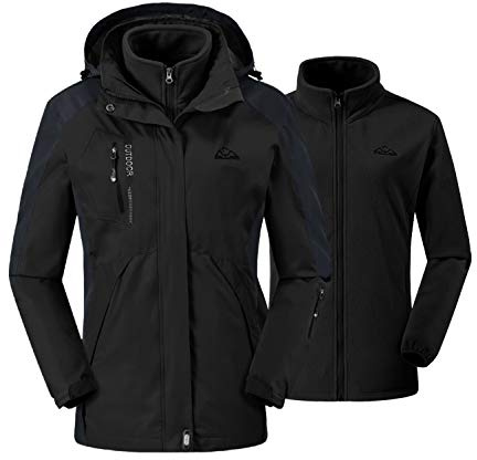 donhobo Womens 3 In 1 Jackets Fleece Ski Jacket Softshell Winter Waterproof Full Zip Windproof Coat Zip Pockets(Black,M)