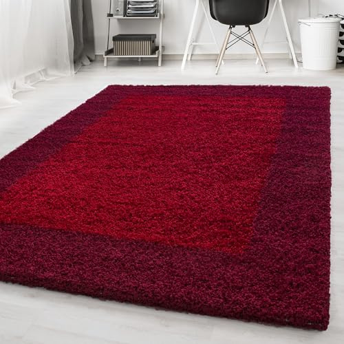 Carpetsale24 Hochflor Teppich Shaggy mit Bordüre 200x290 cm Rot, 2-farbig, flauschig & weich, modernes Design, rechteckig, ideal für großes Wohnzimmer oder Esszimmer