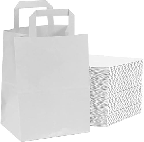 Venuscello® 100 x Paper Bags with Handles Takeaway SOS Food Carrier White Kraft Bag Flat Handle for Food Sweet Gifts Shopping Cloths Jewellery - 7 x 9 x 3.5