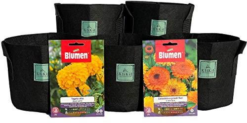 KliKil sacchi per piante in tessuto - Kit 5 vasi in geotessile e 2 buste di semi selezionati Blumen di Calendula e Tagete. Grow Bag kit da giardino urbano