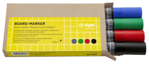 SIGEL BA010 set med 4 glas/whiteboard-markörer, raderbara, cap off-bläck, Ø 2–3 mm kulspetsar, 4 färger (svart/röd/grön/blå)