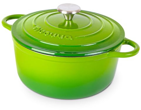 Nuovva Enamelled Cast Iron Dutch Oven Pot with Lid – 5 Quart Casserole Dish – Ceramic Dutch Oven for Bread Baking, Roasting, Braising & Stews – Oven Safe up to 500°F – 24cm Green