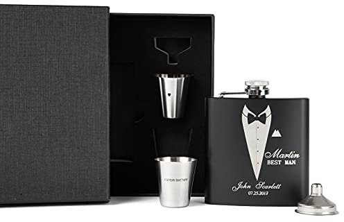 Bosajewel Ensemble de flacons de gravure personnalisés Cadeaux de garçons d'honneur pour mariage Flasque personnalisée pour alcool Ensemble de cadeaux avec entonnoir Verres à liqueur Papa Mari