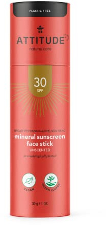 ATTITUDE Face Sunscreen Stick SPF 30, Broad Spectrum UVA and UVB, Plastic-Free Waterless, Plant and Mineral-Based Ingredients, Vegan Sun Care Products, 30 grams