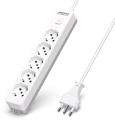 Aigostar Multipresa Ciabatta Elettrica a 5 Posti Presa con Interruttore, 250v/3680W Cavo 5m. Bianco e Grigia