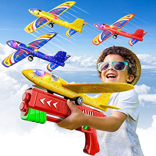 3 Pack Flugzeug Launcher Spielzeug Flugzeugbausätze, 12,6 Zoll LED Schaum Gleiter Flugzeug Katapult, 2 Flug Modi, fliegen Spielzeug 3 4 5 6 7 8-12 Jahre alt Jungen Mädchen Geburtstag Geschenke(Rot)