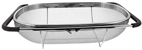 Over The Sink Colander Strainer Basket Stainless Steel, for Kitchen Sink with Rubber Grip, Fine Mesh Stainless Steel, Large, Expandable Metal Strainer for Pasta, Food, Vegetables.