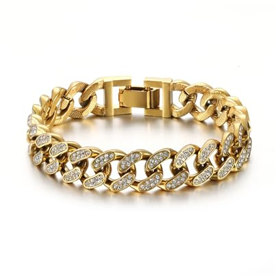 HSWYFCJY Herren 13.5mm Edelstahl Kubanisches Armband Silber/Gold/Schwarz Überzogen Hip Hop Full CZ Diamant Schmuck Geschenke für Männer, Länge 19/21/23 cm