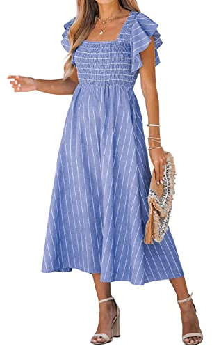 CUPSHE Damen Midi-Sommerkleid mit Karrée-Ausschnitt und Volantärmeln | Das elastische Smock-Oberteil passt sich flexibel an; der weit ausgestellte A-Linien-Rock fällt locker.