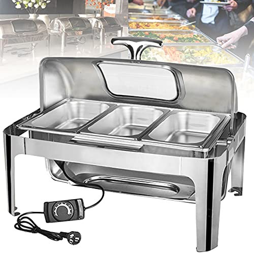 Tour Buffet 9L 13L Chafing Dishes Chauffe Plats Inox Plaques Chauffantes pour Chauffer Plats, Chauffage Electrique et Chauffage Alcool, Ouverture et Fermeture 90° + Température Réglable (9l 1/3)