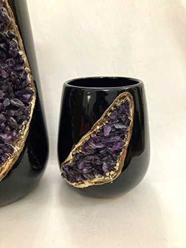 Black and Gold Ceramic Vase/Planter/Pot/Wine Goblet/Mug with Amethyst Semi - Precious Agate Crystal Gemstones |Small(Height 4 inch), (Gold - Finish)