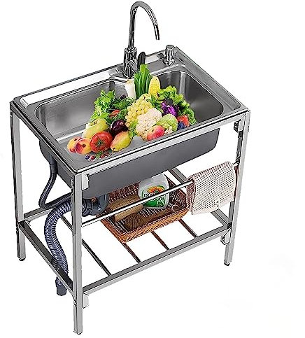 Freistehende Edelstahl Spültisch 1 Becken, Multifunktions Waschtisch, Küche Spülbecken Mit Wasserhahn Und Ständer, für Garage, Werkstatt, Waschküche, Camping