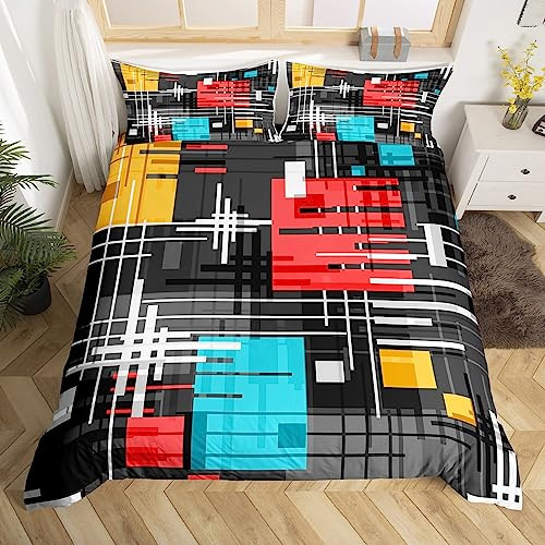 Set di biancheria da letto per bambini con motivo geometrico rosso blu giallo copripiumino per ragazzi e ragazze motivo geometrico traspirante motivo a righe decorazione artistica moderna copripiumin