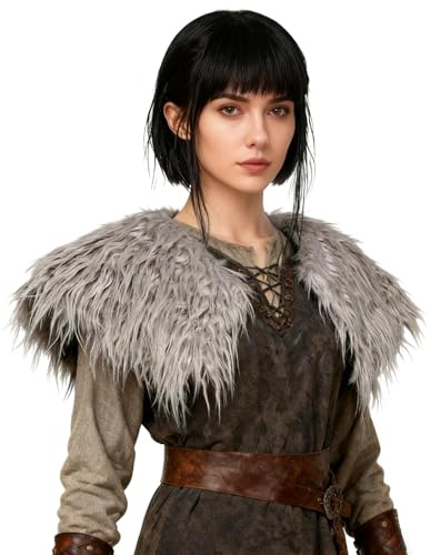 keland Damen Viking Kunstfell Kragen Künstlicher Pelzkragen Pelzschal Faux Kragen Schal Tuch Capelet Schultertuch (Grau)