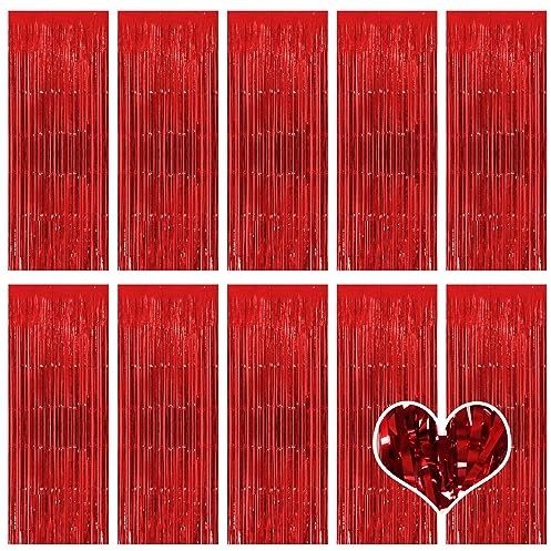 Ohiyoo 10 Pack Red Foil Fringe Curtain Backdrop, 3.2ft x 8.2ft Metallic Tinsel Foil Fringe Curtains, Tinsel Backdrop Streamers for Birthday Curtain Party Decoration Wedding Christmas Decoration (Red)