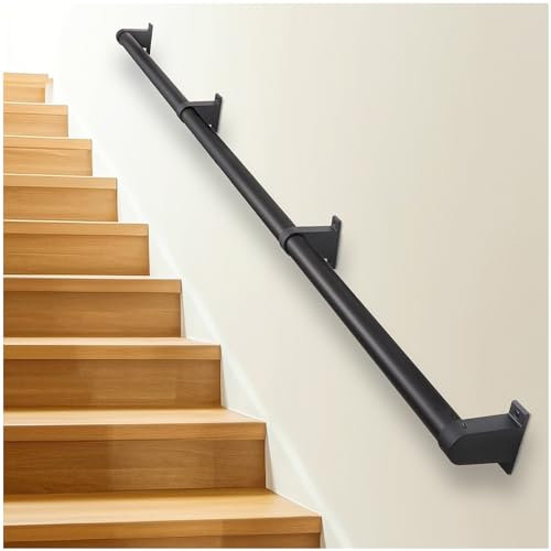 SDNBHT Barandilla industrial de metal para escaleras interiores, montaje en pared, pasamanos de escalera de tubo de 1.5 pulgadas para escalones, barandilla de escalera de aluminio negro para escaleras