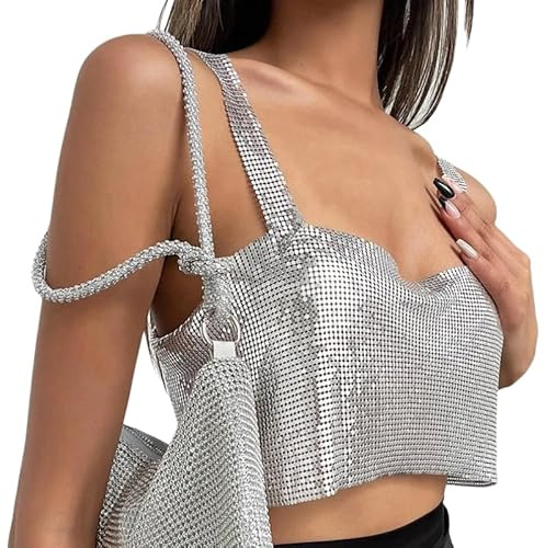 Women Shiny Rhinestone Sequin Tank Top - Sexy Metal Sparkly Sequined Backless Crop Top - Glamorous Trendy Back Adjustable Chain - Night Club Party Rave Vest Silver