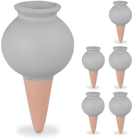 Relaxdays Sfere da Irrigazione a Goccia, Set da 6, Coni Annaffiatura Automatica per Piante in Vaso, Terracotta Grigio, Ceramica, 12 x 6 cm