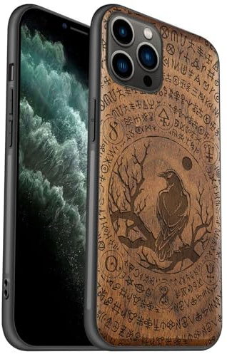 Carveit Coque en Bois pour iPhone 11 Pro Étui Protection Artistique Cover TPU Souple de téléphone Antichoc Compatible avec Apple 11 Pro Etui (Noyer-Percher Le Corbeau)