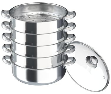 30cm Dampfgarer Dampfkocher 5-Lagiger Edelstahl Silber, für Induktionsherde, Elektro-Keramikherde, Elektroöfen, Gasherde Meeresfrüchte Fisch Rindfleisch Babynahrung