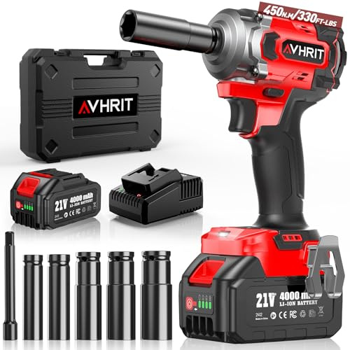Avhrit Cordless Impact Wrench 3/8 Inch, 450N.m/ 330Ft-lbs Electric Impact Gun with Blushless Motor, 4000mAh Battery, Charger, 5 Sockets, Power Impact Driver for Car Home, Tire Repair
