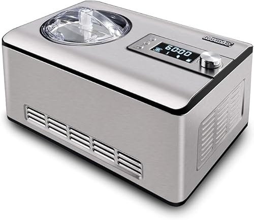 KUMIO 2L Ice Cream Maker with Compressor, No Pre-Freezing, Stainless Steel Machine with LCD Display, Timer, 2-in-1 Ice Cream & Yogurt Maker, 180W, with Ingredient-Inlet Lid for Adding While Churning