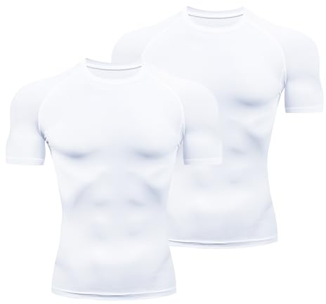 HYCOPROT Men's Compression Shirts Short Sleeve Compression Top Athletic Workout T-Shirt Quick Dry Sports Baselayer Running Undershirts Tops (UK, Alpha, L, Regular, Regular, Whtie+White)