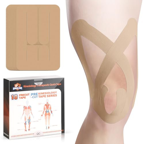 Vorgeschnittenes Kinesiologie Tape für die Anwendung an Knien und Oberschenkeln, KTQUICK 10 Stück Kine Tape, Hautfreundlich und Angenehm zu Tragen, Wasserfestes Elastisches Tape für Knie–Hautfarbe