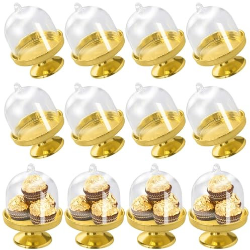 MEIYAXINWIN 12 Stück Mini Kuchenglocke, Golden Tortenständer Klein Muffinglocke aus Kunststoff 5x5x7cm Mini Kuchenplatte mit Transparent Deckel für Hochzeit Tischdeko Geburtstag Baby Party Deko