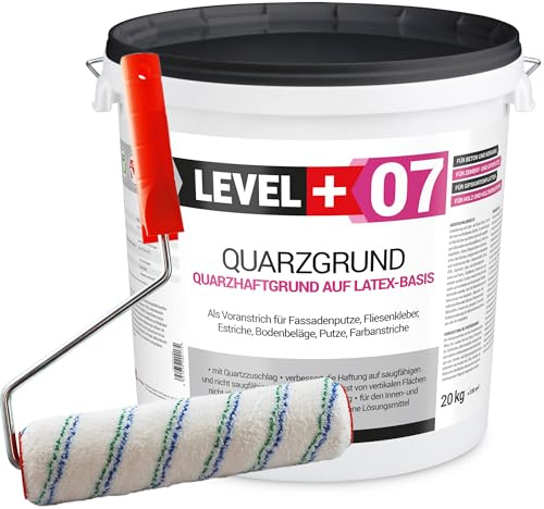 LEVEL PLUS 07 Quarzgrund mit Quarzsand unter Putze - Haftgrundierung | für Innen & Außen - Weißer Putzgrund, Schnell Trocknend, Wasserabweisend & Lösemittelfrei - 20 kg mit Farbroller 25cm