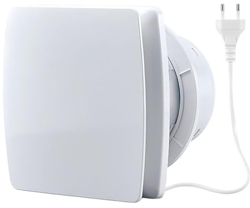 Moonjor Ventilatore di scarico da cucina, 120 mm, 130 m³/H, IPX2, silenzioso, per finestre con valvola di controllo, 1 m, cavo di alimentazione UE per bagno, WC, garage, ufficio, soffitta