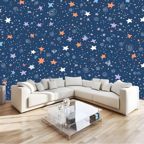 Fototapete Cartoon-Sterne Dunkelblau Tapete Wandtapete Wanddeko Design 250x175 cm Mustertapete Wand Dekoration Wohnzimmer Schlafzimmer Büro Flur