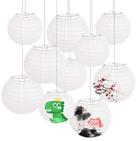 ASelected 12 Stück Lampions Papierlampe Weiße Papier Laterne Hängende Runde Papierlaternen für Hochzeit Geburtstag Feiern Garten Deko (15 cm und 20 cm)