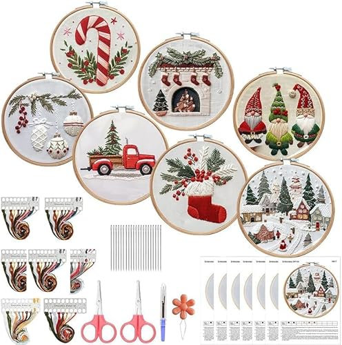 DKIIL NOIYB Sticken für Anfänger, Kreuzstich Weihnachten mit Stickrahmen, DIY Fadenkunst Kreuzstich mit Starter-Werkzeugen, Sticken Set Erwachsene für Handwerk, Sticken-Weihnachtswichtel (8pcs A)