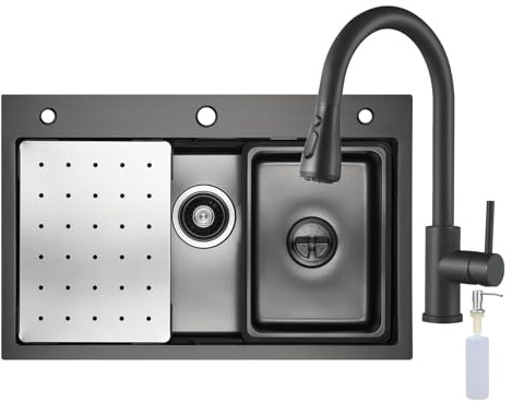 CECIPA Evier Cuisine 1 Bac 70x45 CM, Evier Inox avec Egouttoir et évier mobile et planche à découper,lavabo cuisine avec Trous pour Robinets et Distributeur de Savon, Noir avec Robinet Douchette